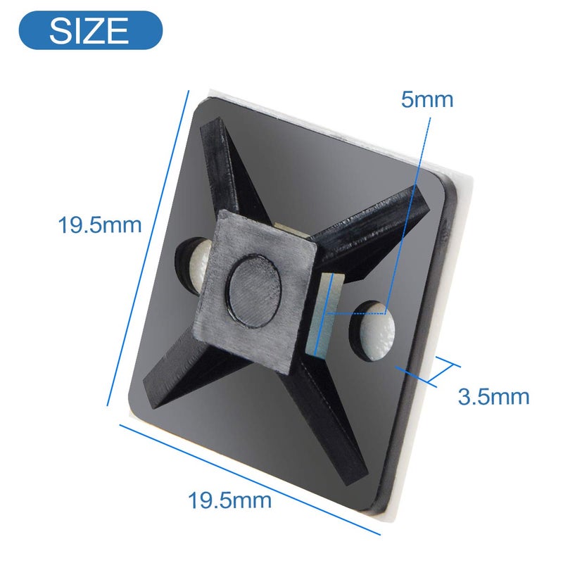 XHF 100 PCS 3/4" Black Self Adhesive Cable Zip Tie Mounts Wire Cable Clips Holders Management Anchors Organizer Holders Squares(HS-101S) - Image 3